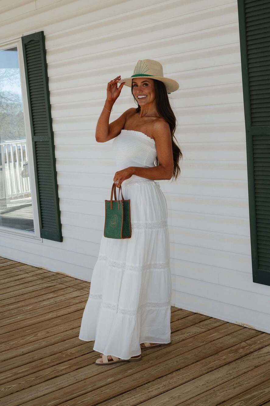 Dictionary Strapless Smocked Bodice White Tiered Maxi Dress with Lace Trim